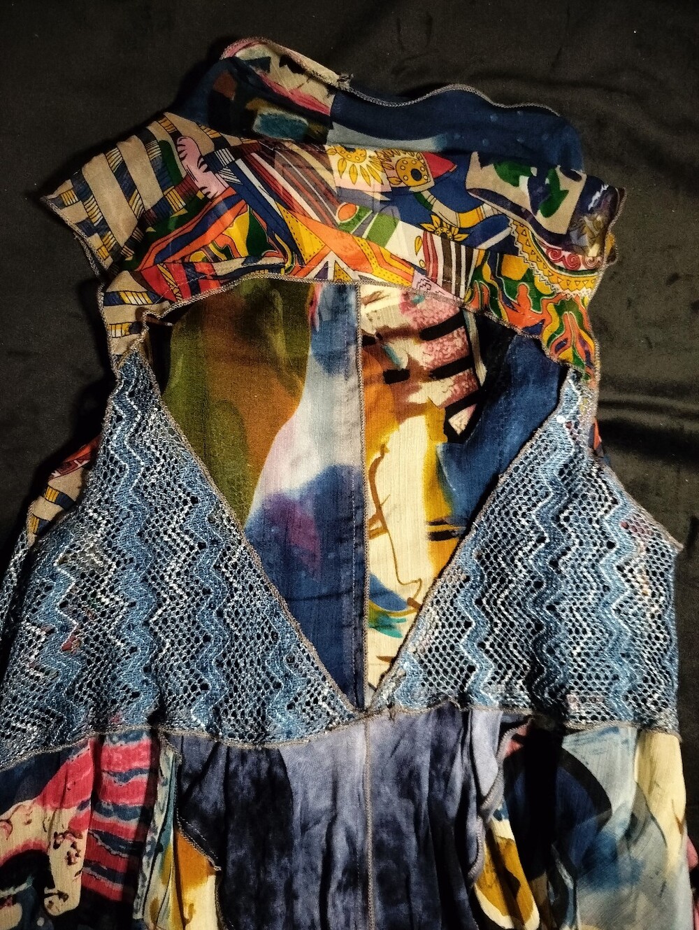 EUC Fleur De Lis Boho Bohemian Patchwork Maxi Long Vest Blue Accents Medium - Picture 4 of 8